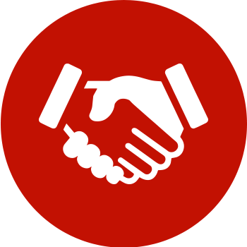 white cartoon logo of two shaking hands in a red circle